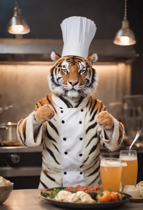 A tiger wearing sunglesss and a cheers robe, wearing a chefs hat, cooking food that look delicious, neon lights, everything look perfect,