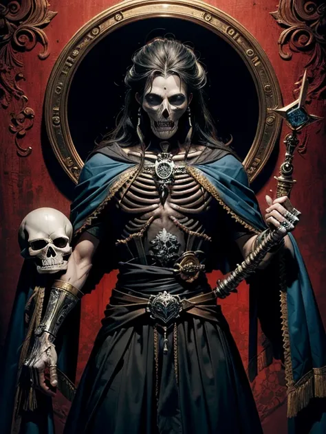 marco dorado，cartas de tarot, hyper high definition, 16k, Mejor calidad, super detail, anatomically correct, obra maestra, detalles altos, A high resolution，Solo，A photo of a skeleton with a red heart in his hand., vestido azul, Rey Esqueleto, Of hegemony,...