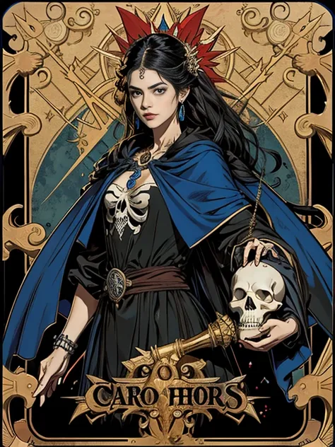 marco dorado，cartas de tarot, hyper high definition, 16k, Mejor calidad, super detail, anatomically correct, obra maestra, detalles altos, A high resolution，Solo，A photo of a skeleton with a red heart in his hand., vestido azul, Rey Esqueleto, Of hegemony,...