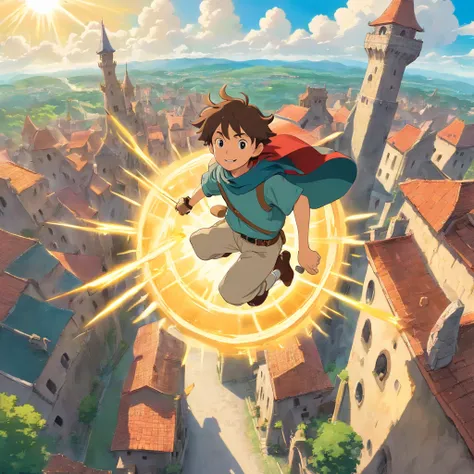 from above, boy riding a flying machine, magic broom、Running, running, high-speed movement, dynamism, medieval cityscape, Large ruins, cloud, Sun 8K Style low