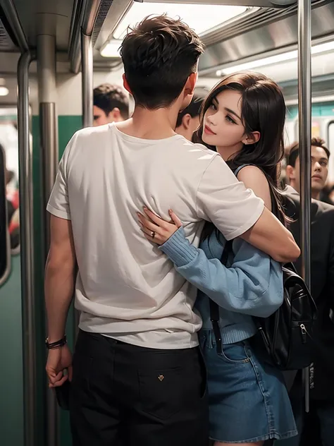 A boy and a girl in their 20s hugging each other, lindo casal, him holding her from behind on the subway (imagem detalhada, sem defeitos)