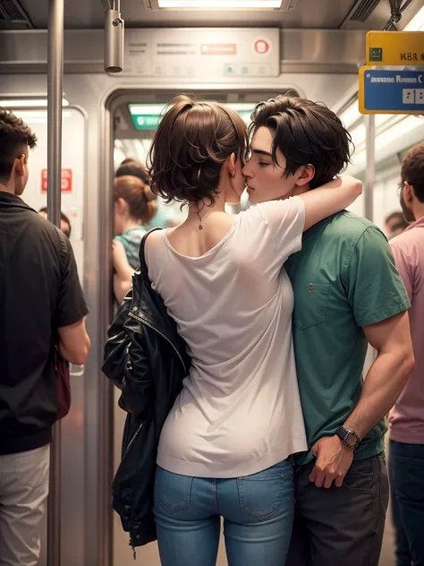 A boy and a girl in their 20s hugging each other, lindo casal, him holding her from behind on the subway (imagem detalhada, sem defeitos)