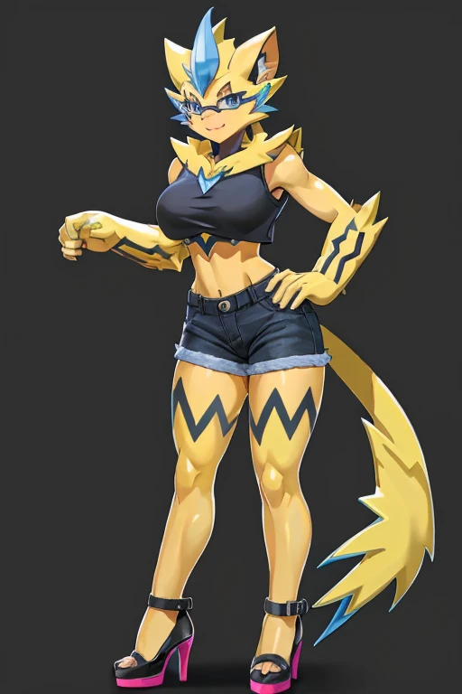 ((Zeraora)), anthropomorphic, big boobs, big ass, pokemorph, (((1girl))), (((white cropped top))), (black denim short shorts), cute and sexy, (black low heels), slender, yellow skin, long legs, smiling, (pink tinted glasses)