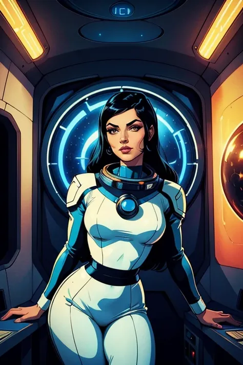 High quality,retro futurism space astronaut woman,black hair,beautiful face,long eyelashes,minimum waist,scenario spaceship,dramatic lights