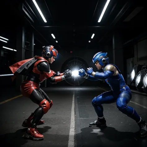 Megaman and Zero fighting against each other in a high contrast setting, hdr