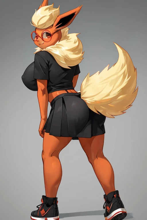 ((Flareon)), anthropomorphic, big boobs, big ass, pokemorph, (((1girl))), (((black t-shirt))), (red knee length skirt), (black sneakers), sexy, slender, red skin, (round glasses), long legs, smiling, butt showing, wedgie