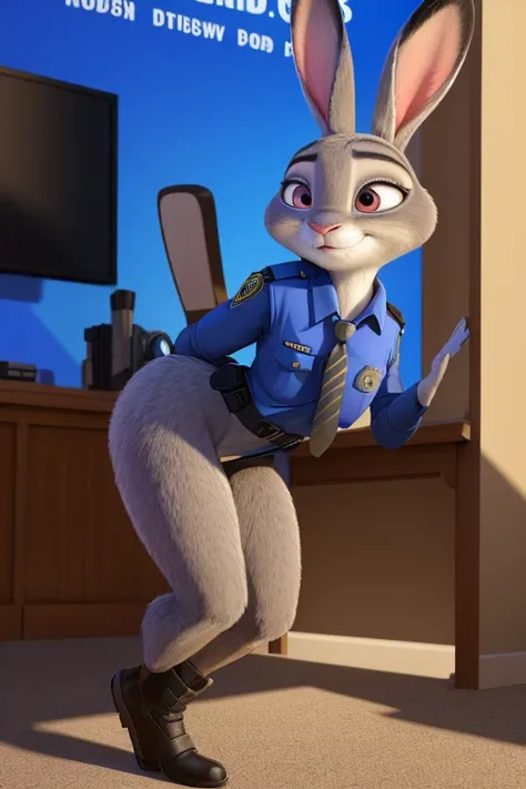 NSFW, obra maestra 1.4 Top Image Ultra Detailed Wallpaper Breed 4K Furry Rabbit Judy Hopps Police Uniform Rendering of Zootopia in a Police Station Ultra Detailed Shadows Showing Her Panties Ultra Realistic 8K