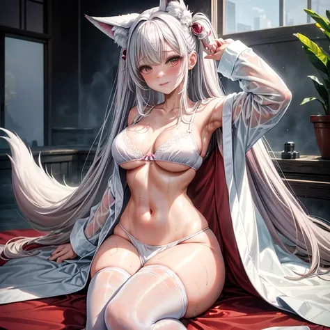 masterpiece、top-quality、1girl in。(bathrobe:1.2), white  hair,Red Eyes,(mare:0.8), (Fantastical:0.7), (A smile:0.8),fox ear,salon,wear bra, wear dress , wet clothes,wet hanging,salon, perfect body, perfect breast,((blush on: 1.2)),((fox-tails:1)), perfect b...