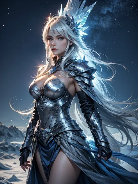 (best quality), (high detail), (1girl), a beautiful frost sorceress (ice blue 1:1) looking over her shoulder, wearing magical armor, with ice crystals forming around her, ice storm, ice queen, arctic magic, HDR, UHD, 4K, 8K, 3D.