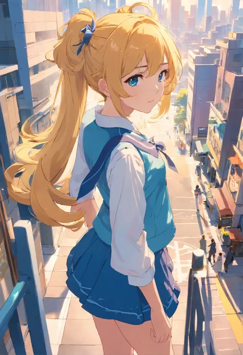 Golden hair，Double ponytail curls，Eyes color blue，White Lolita，Beth，Bustling city views