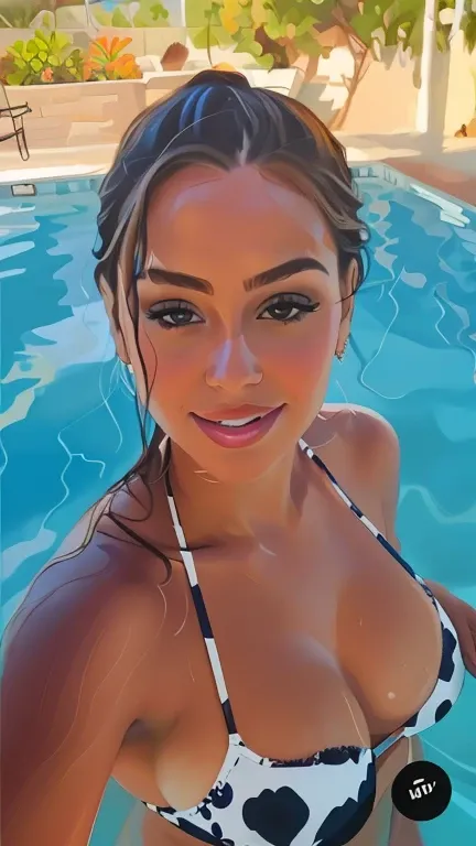 Theres a woman in a bikini posing in a pool, Beyoncés portrait, digital oil on canvas, retrato digital, AI Autorretrato, no estilo da pintura digital, sorrindo para o espectador, # 1 pintura digital de todos os tempos, #1 pintura digital de todos os tempos...