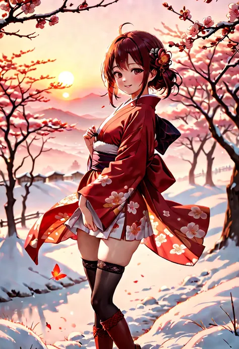 Japanese ink painting, cute girl, kimono robe, thigh-highs, boots, happy, dynamic pose, "HAPPY NEW YEAR", 2024, landscape, sunrise, winter, red tone color, bloom effect, ambient occlusion, Bokeh, depth of field, (best quality, masterpiece, Representative w...