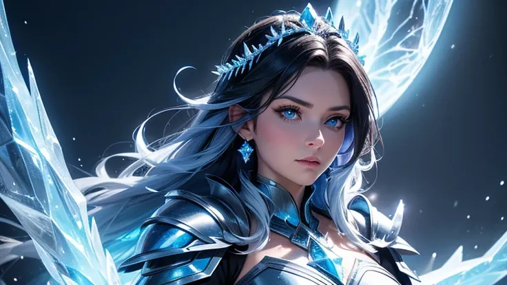 (best quality), (high detail), (1girl), a beautiful (dark hair) frost sorceress (ice blue 1:1) looking over her shoulder, wearing radiant magical armor(vibrant color), with ice crystals forming around her, ice storm, ice queen, arctic magic, HDR, UHD, 4K, ...