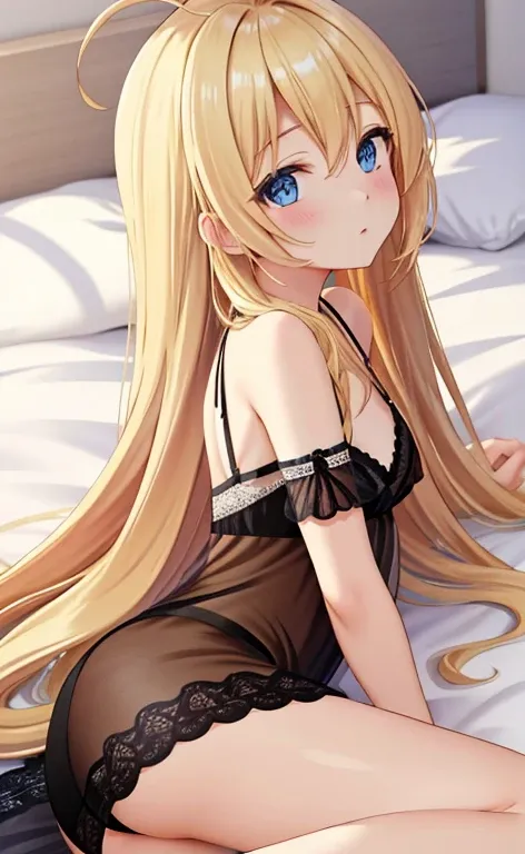 Beautiful long blonde hair　on the bed　Black lingerie　shyness　Watery eye　blue eyes　small tits　Low - Angle　stick out your butt and lie down　Ahoge　negligee