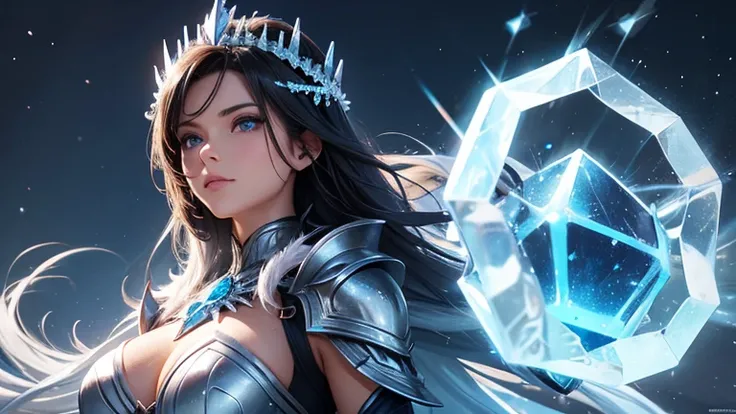 (best quality), (high detail), (1girl), a beautiful (dark hair) frost sorceress (ice blue 1:1) looking over her shoulder, wearing radiant magical armor(vibrant color), with ice crystals forming around her, ice storm, ice queen, arctic magic, HDR, UHD, 4K, ...