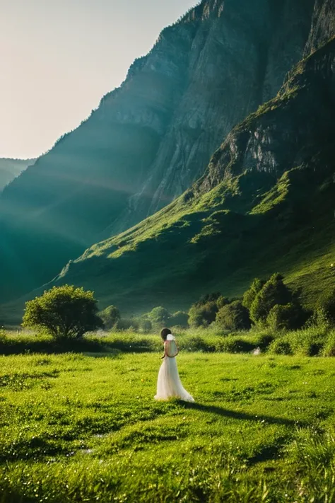 Gentle rain is dancing with the curtain of sunlight in a natural landscape