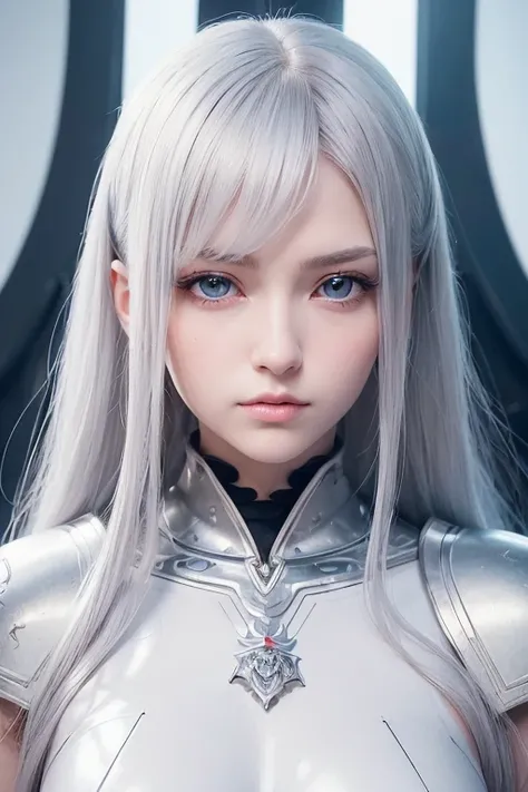 ((masterpiece:1.4, highest quality:1.2)), 1 girl, focus only, tall woman, delicate face, stern expression, Highly detailed anime faces and eyes, Beautiful white armor, hourglass illustration, gray hair, gradient hair, very long hair, red eyes, shining eyes...