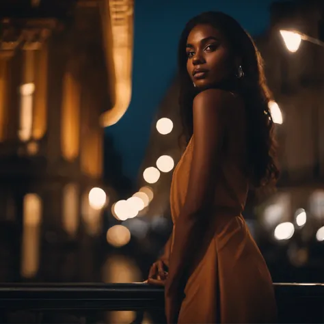 Photo Polaroid, Photo de nuit, Photo de 24 Y.O belle femme, Bare brown skin standing on a terrace of a Parisian building, Bokeh, Flou de mouvement