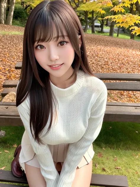 must-have、NSFW、1 girl per photo、High resolution、cowboy shot、Front view、Japanese young cute girl、long bob hair、Sitting on a wooden bench along the colorful autumn leaves of Japan、big smile、Wearing a white turtleneck knit、wearing a jean skirt、Wearing long bl...