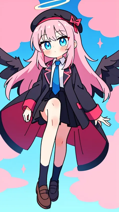 A girl with pink hair，Pink halo，Black wings，black skirt，black beret，Wear powder、Clothes with black as the main color，Loose clothes，bare legs，blue tie，blush，sky blue eyes，There is lace around the neck，Du Qiong，grace，anime girl