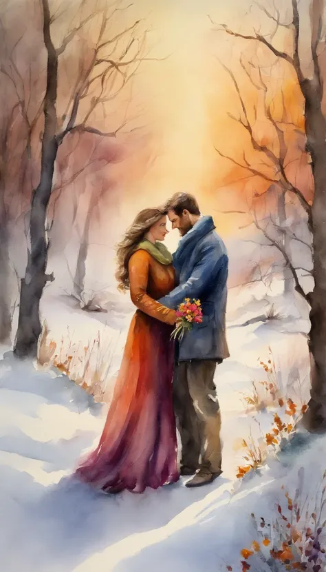 Flowers blooming in a winter landscape, sunset light, Husband and woman separated