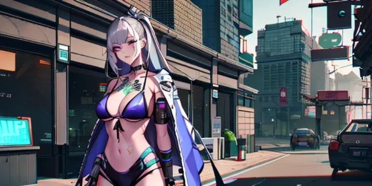 anime - style woman in a bikini and cape walking down a street, retrofuturistic female android, cute cyborg girl, digital cyberpunk anime art, in cyberpunk city, digital cyberpunk - anime art, cyborg - girl with silver hair, beautiful cyborg girl pinup, st...