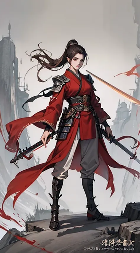 Chinese style, ancient battlefield, an ancient Chinese female general, holding a sword in her hand, grim expression, full body, amazing facial features, red robe, armor, boots, yellow sand in the sky, fleeing crowd, firelight, game model, stunning lighting...