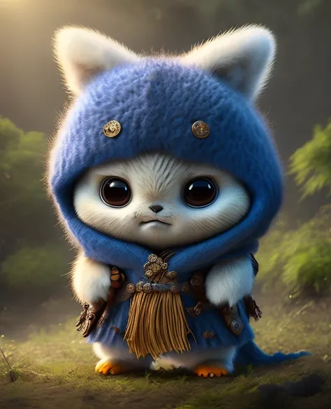 Top image quality、"Create a masterpiece of cute creatures. ermine、（The place is a forest）, high detailing, in 8K、Top image quality、Dressed as an adventurer、Shuriken in hand、Ninja Hero Costume、(((kawaii)))、