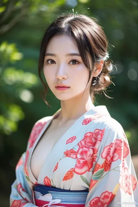 best quality、可愛い日本人womanの写真、1 girl、side portrait、(extra detailed body、highly detailed face、best quality:1.2)、woman、looking at the viewer、（Japan Coming-of-Age Ceremony、kimono、Chest、Fancy eye makeup）dark brown short hair、double eyelid、Realistic ray light