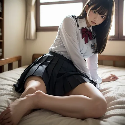 masterpiece, highest quality, 8K, RAW photo, 
Japanese girl, high school student, 17 years old, beautiful girl, cute face, (haircut of uniform length:1.2), Beautiful shiny black hair, Clear white skin, composed expression, Japanese High School Uniforms, (l...