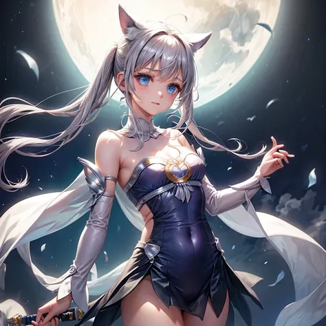 (masterpiece)、(highest quality)、 Super detailed、Magical girl、transformation heroine、beautiful、18-year-old、Estrus、C cup、solo、full moon、collar with chain、raise your right leg high、fetters、Magical girl衣装、whole body、standing posture、white leotard skirt、thin le...