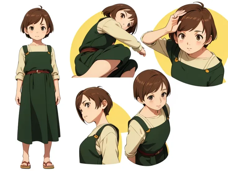 cute girl, super light brown hair, pixie bob hairstyle, character seet, Multiple pose and expressions, different angles, organizing, ghibli style, childrens book, meny character, Full body shot,