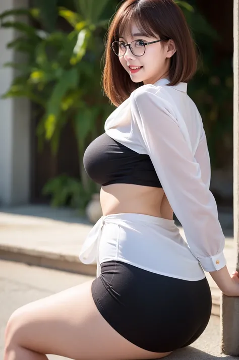 (8K、Raw photo、highest quality、masterpiece:1.2)、(realistic、Photoreal:1.37)、super detailed、Super high resolution、1 fat girl、Obese girls、see the beholder、beautiful round face、laughter、Thick waist、Saggy underbelly、Big ass、thick thighs、narrow、((White blouse clo...