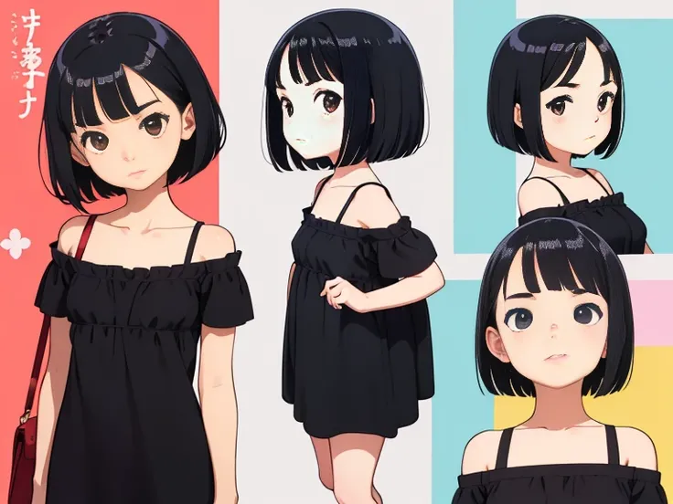 cute girl, character seet, Multiple pose and expressions, different angles, organizing, ghibli style, childrens book, meny character, Full body shot,(short bob cut),beautiful Eye,hoodedeyes, wearing red&black off shoulder casual dress,black camisole,hair o...