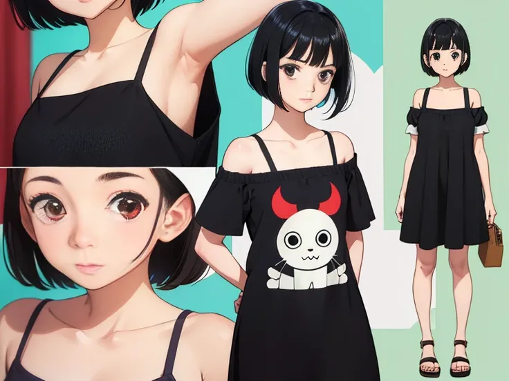 cute girl, character seet, Multiple pose and expressions, different angles, organizing, ghibli style, childrens book, meny character, Full body shot,(short bob cut),beautiful Eye,hoodedeyes, wearing red&black off shoulder casual dress,black camisole,hair o...