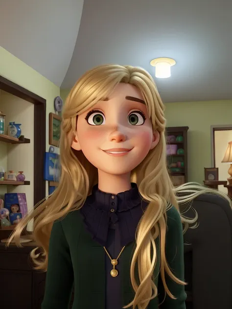 PIXAR style image, A young white woman, pink dress, with blonde hair, green eyes, long hair, Standing in front, illuminated by the light of a lamp, against the backdrop of Disney