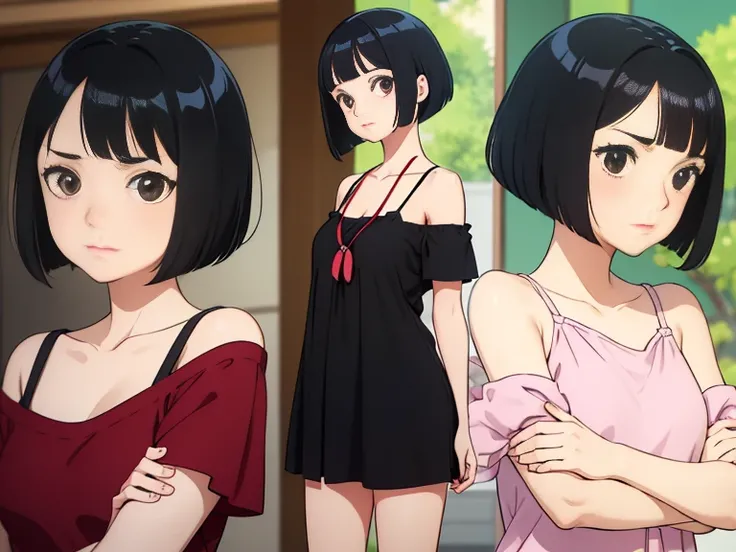 cute girl, character seet, Multiple pose and expressions, different angles, organizing, ghibli style, childrens book, meny character, Full body shot,(short bob cut), wearing red&black off shoulder casual dress,black camisole,hair off forehead bangs,short e...