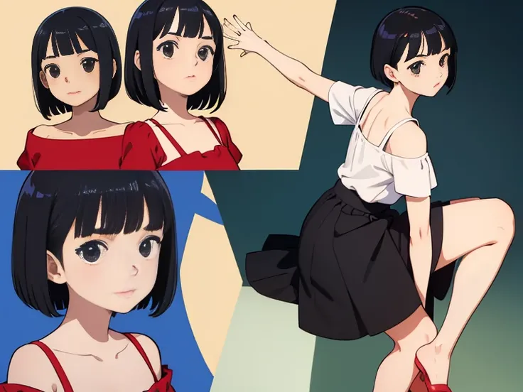 cute girl, character seet, Multiple pose and expressions, different angles, organizing, ghibli style, childrens book, meny character, Full body shot,(short bob cut), wearing red&black off shoulder casual dress,black camisole,hair off forehead bangs,short e...