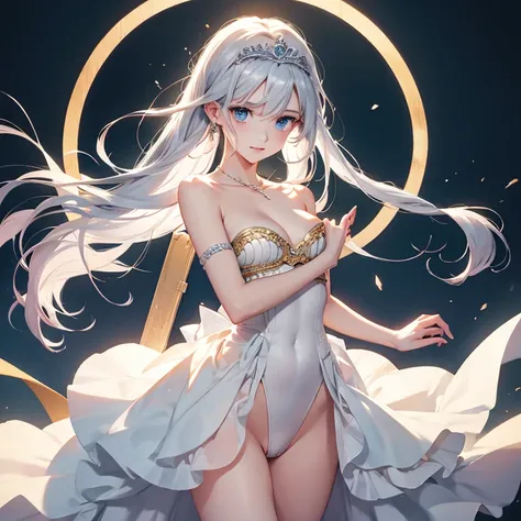 (masterpiece)、(highest quality)、 Super detailed、Magical girl、transformation heroine、beautiful、18-year-old、Estrus、C cup、solo、full moon、collar with chain、raise right leg high、ballet shackles、Magical girl衣装、whole body、standing posture、white leotard skirt、thin...