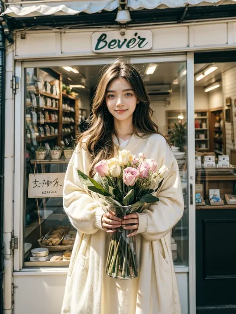 a dream girlfriend, Flower shop owner, youthful charm, beautiful flower shop background, Warm depictio, Super high saturation, bright and vivid colors, Smile, high details, super detail, highres, (best quality, masterpiece, Representative work, official ar...