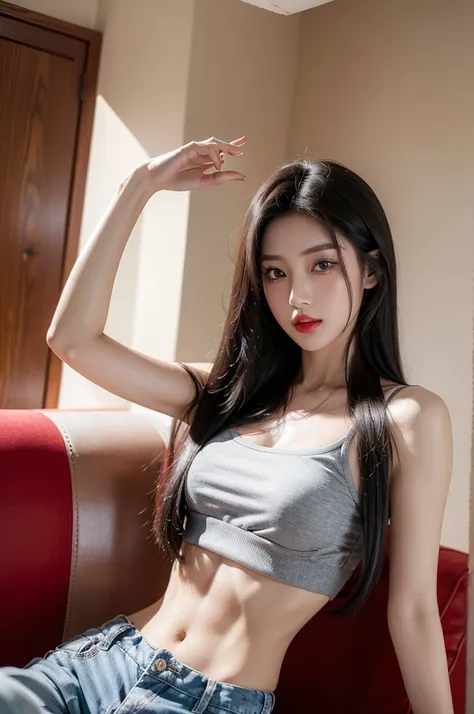 realistic, High resolution 8k, Complete dynamic configuration, Self camera, house interior, Korean woman, 25 years old, very beautiful appearance, slim body, C-cup chest, Beautiful, detailed eyes of average size, (drooping eyes 1.2), (sagging eyebrows 1.2)...