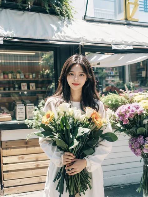 a dream girlfriend, Flower shop owner, youthful charm, beautiful flower shop background, Warm depictio, Super high saturation, bright and vivid colors, Smile, high details, super detail, highres, (best quality, masterpiece, Representative work, official ar...