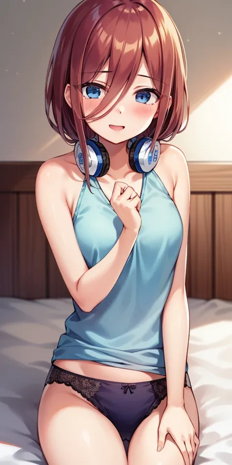 2D、masterpiece、Highest image quality、anime style、very detailed、1girl、solo、cowboy shot、miku nakano、brown hair、hair between eyes、headphones、、medium chest、cover your chest with your hands、blue thong、clavicle、Medium chest、smile、Bedroom、sit、blush