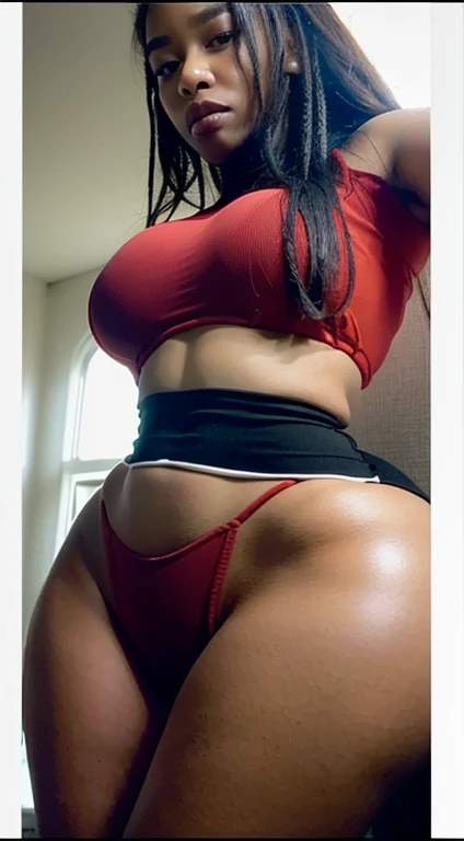 Analog image, neutral density,Highly detailed image ,thick voluptuous Dominican woman, viewed from above,with micro dreadlocks, highly detailed skin,even skin tone, skin imperfections, skin pores visible,wearing a tight dress and sports bra ,in a dim lit r...