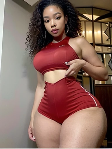 Analog image, neutral density,Highly detailed image ,thick voluptuous Dominican woman, viewed from above,with micro dreadlocks, highly detailed skin,even skin tone, skin imperfections, skin pores visible,wearing a tight dress and sports bra ,in a dim lit r...