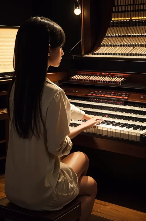 Beautiful woman、Playing the electronic organ、(((highest quality, masterpiece))), (((very detailed)))