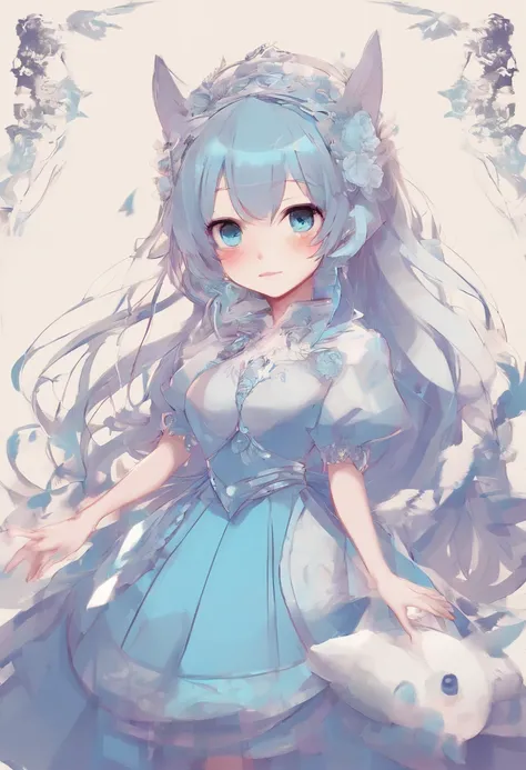 Game character design，girl，18 years old，shooter，Beautiful light blue dress，exquisite facial features，Bright Eyes。Game stickers，HD，Official artistic aesthetics