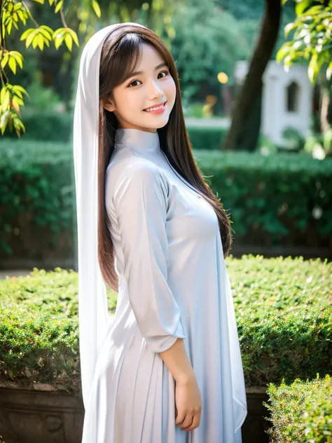 Vietnam girl, smile , long smooth shiny silky silver hair, Realistic lighting, pretty face , Body perfect anatomy,Top Quality, 8K Resolution , full body , real human , High quality, realistic , Cinematic, Aesthetic, beautiful girl , ao dai princess , garde...