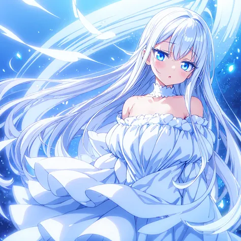 a cute girl with white hair,blue eyes,white dress,beautiful detailed eyes,white flowy dress,soft and silky hair,bright blue eyes,vibrant white dress,delicate features,porcelain skin,luminous blue eyes,long,flowing hair,fairy-like appearance, ethereal beaut...