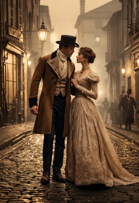 A handsome man and a pretty woman, standing on a foggy street in 19th century England, walking towards the camera. The scene is set at night with street lamps illuminating their path. The man is looking directly at the camera with confidence, while the wom...